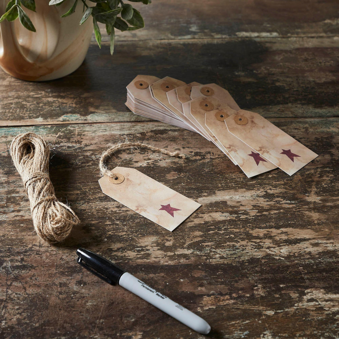 Primitive Star Tea Stained Paper Tag Burgundy 3.75x1.75 w/ Twine Set of 50 - The Fox Decor