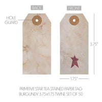 Primitive Star Tea Stained Paper Tag Burgundy 3.75x1.75 w/ Twine Set of 50 - The Fox Decor