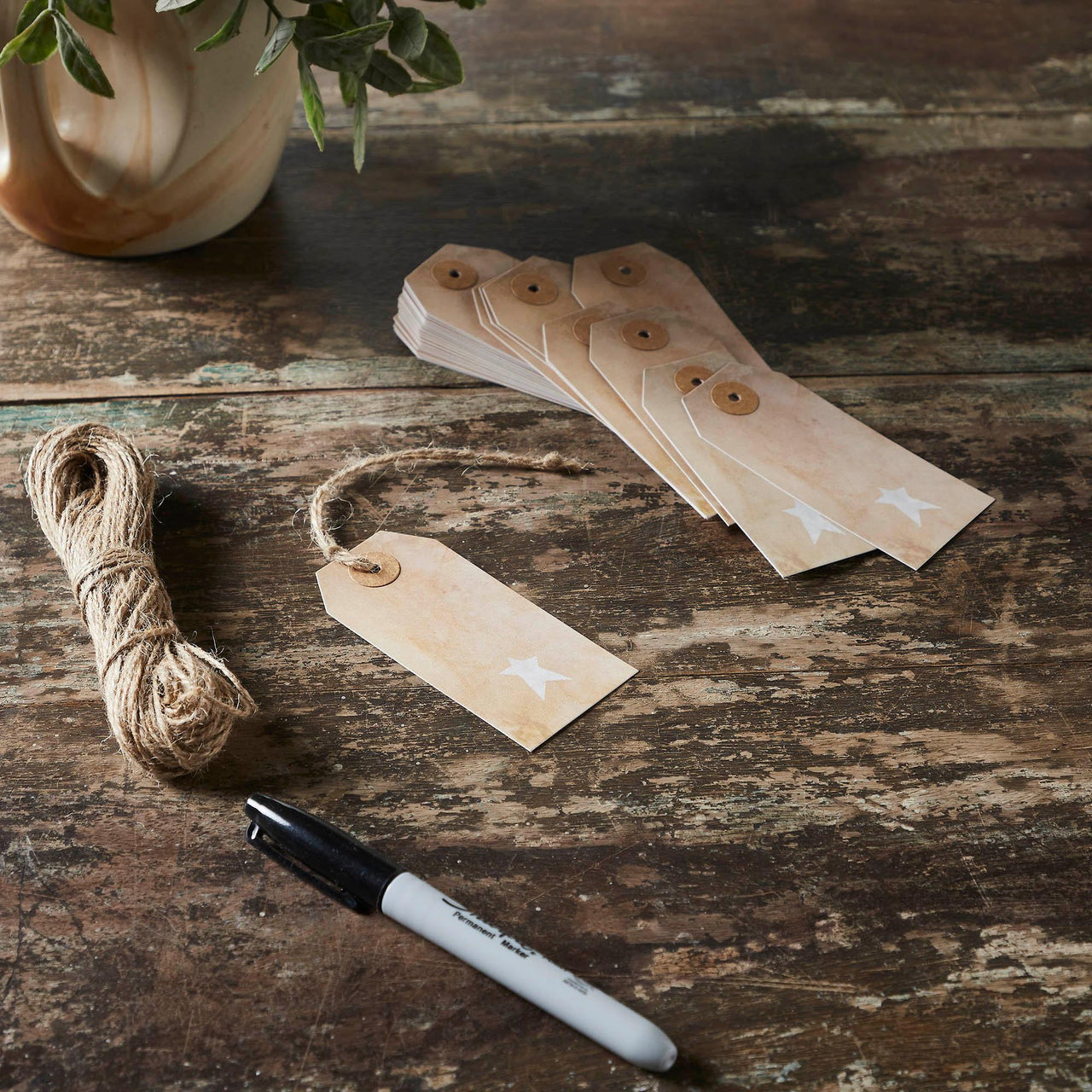 Primitive Star Tea Stained Paper Tag Creme 3.75x1.75 w/ Twine Set of 50 - The Fox Decor