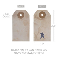 Primitive Star Tea Stained Paper Tag Navy 2.75x1.5 w/ Twine Set of 50 - The Fox Decor