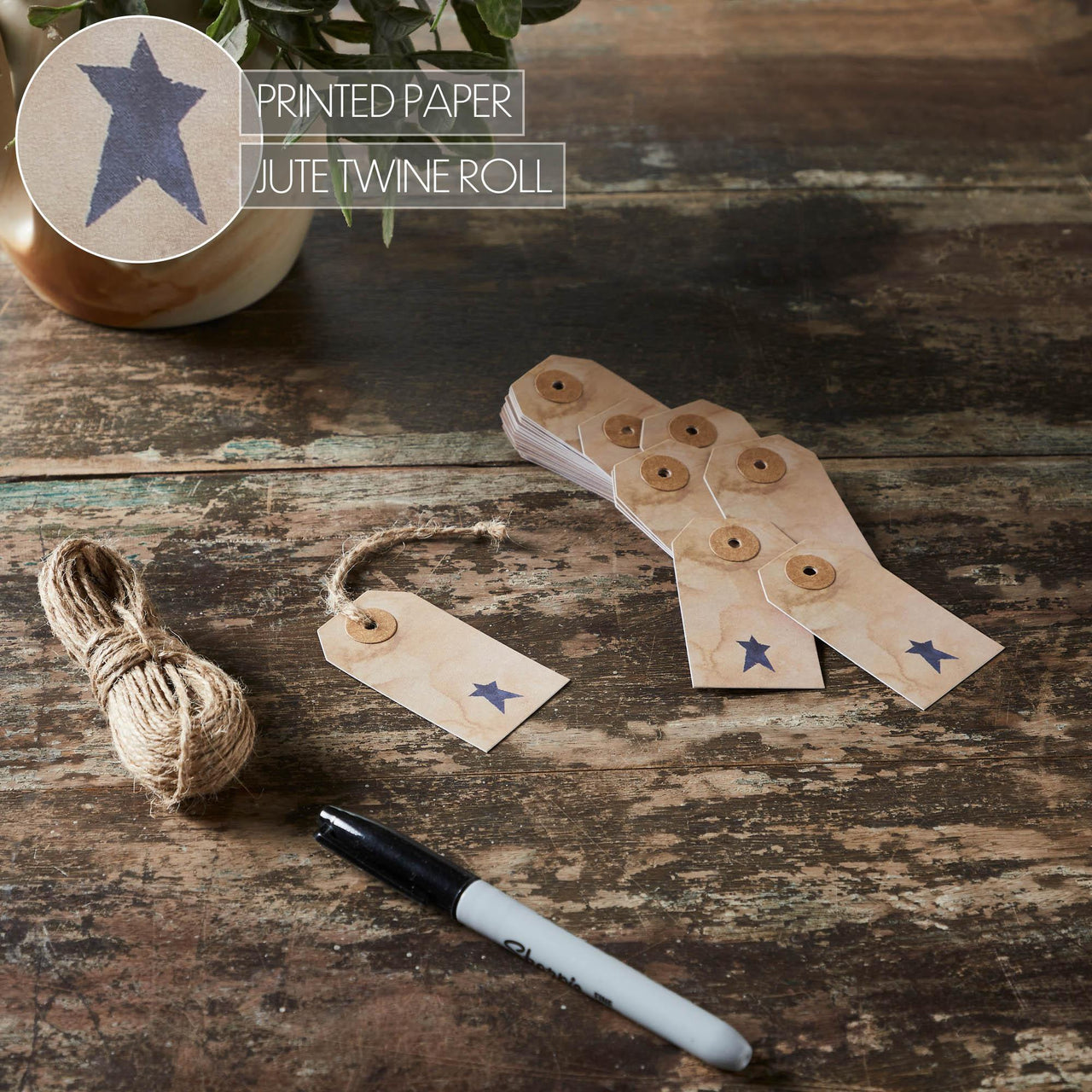 Primitive Star Tea Stained Paper Tag Navy 2.75x1.5 w/ Twine Set of 50 - The Fox Decor