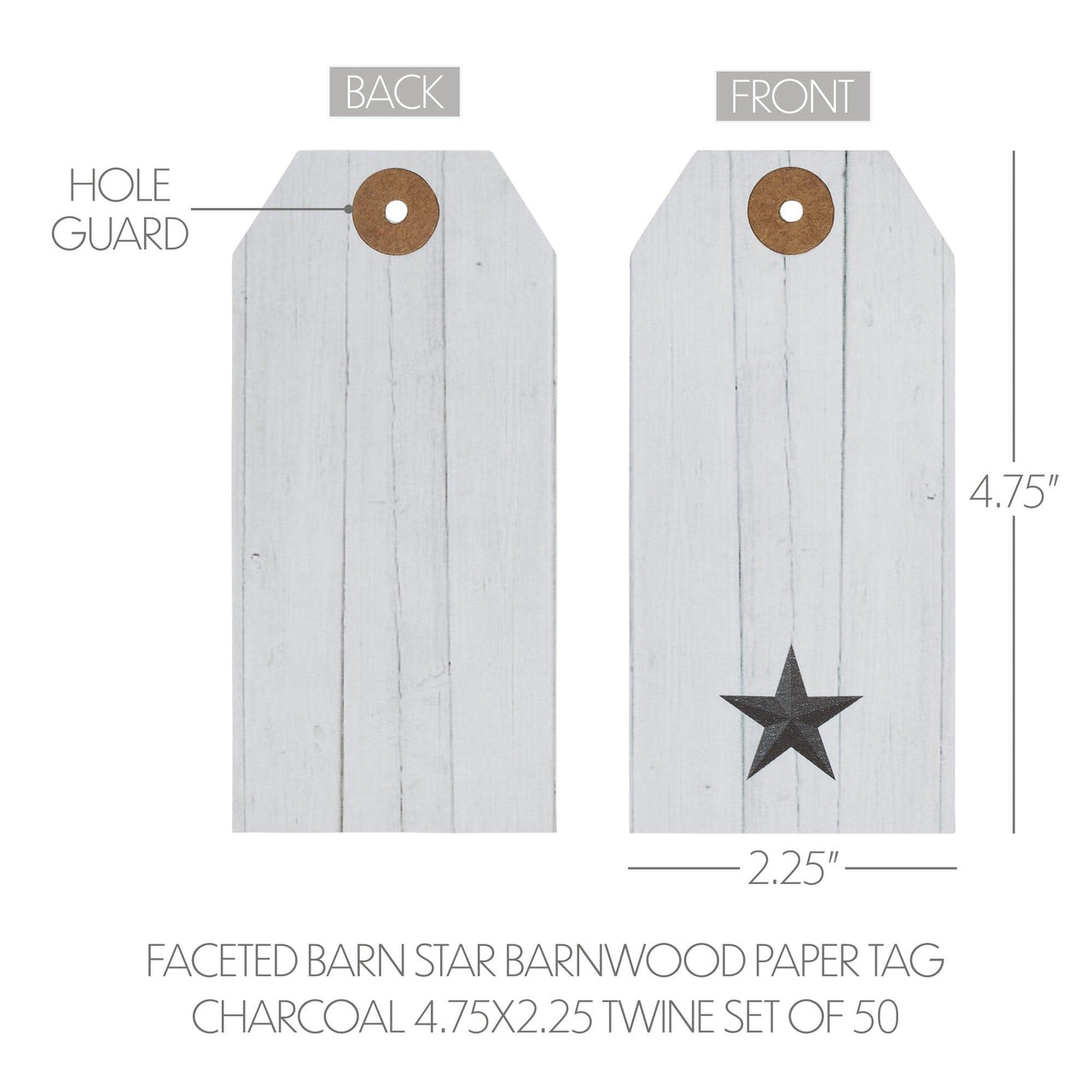 Faceted Barn Star Barnwood Paper Tag Charcoal 4.75x2.25 w/ Twine Set of 50 - The Fox Decor