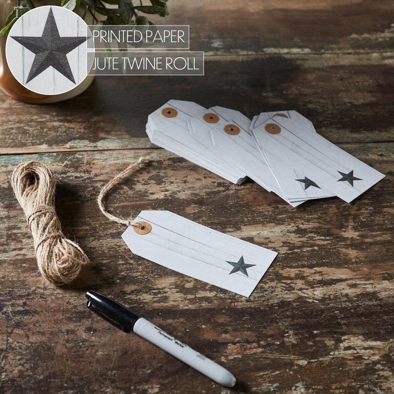 Faceted Barn Star Barnwood Paper Tag Charcoal 4.75x2.25 w/ Twine Set of 50 - The Fox Decor