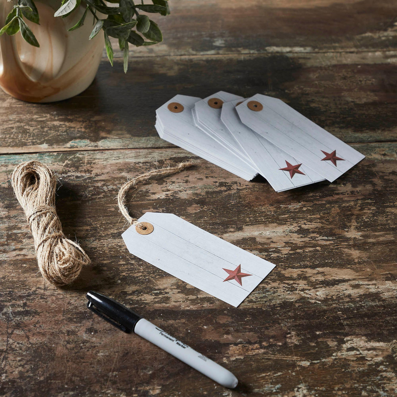 Faceted Barn Star Barnwood Paper Tag Barn Red 4.75x2.25 w/ Twine Set of 50 - The Fox Decor