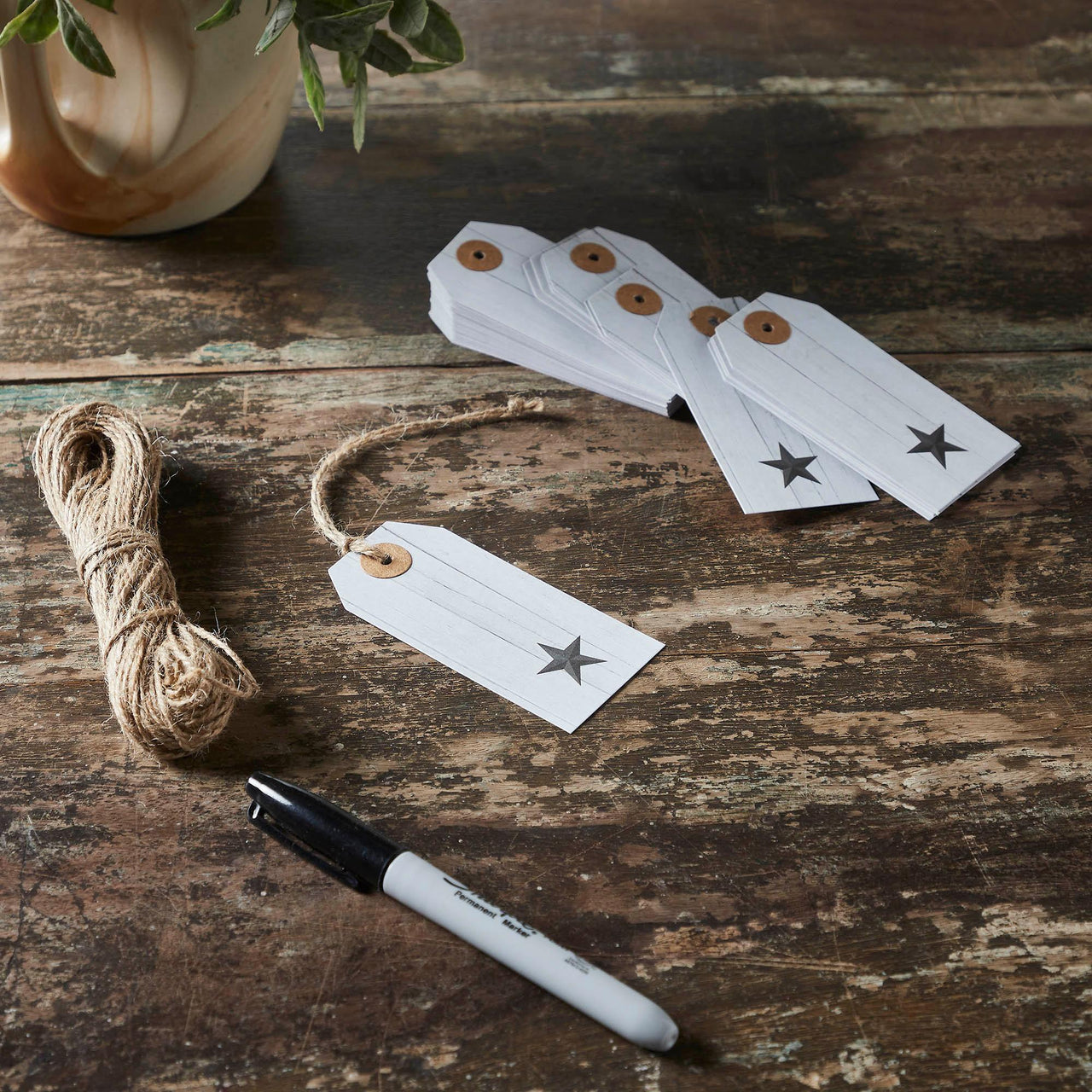 Faceted Barn Star Barnwood Paper Tag Charcoal 3.75x1.75 w/ Twine Set of 50 - The Fox Decor