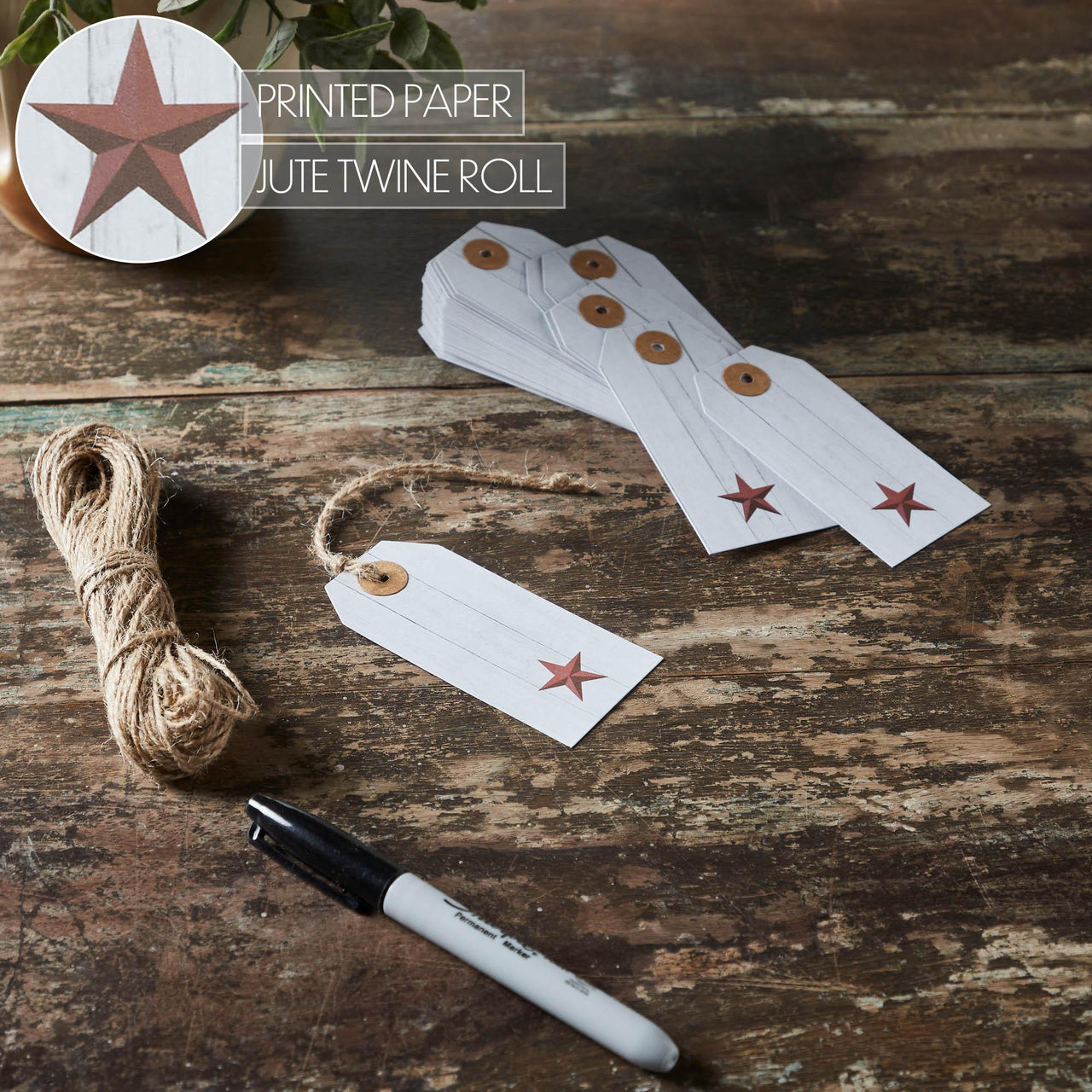 Barn Ritur Papper Faceted Barn Star Barnwood Paper Tag Barn Red 3.75x1.75 w/ Twine Set o ...