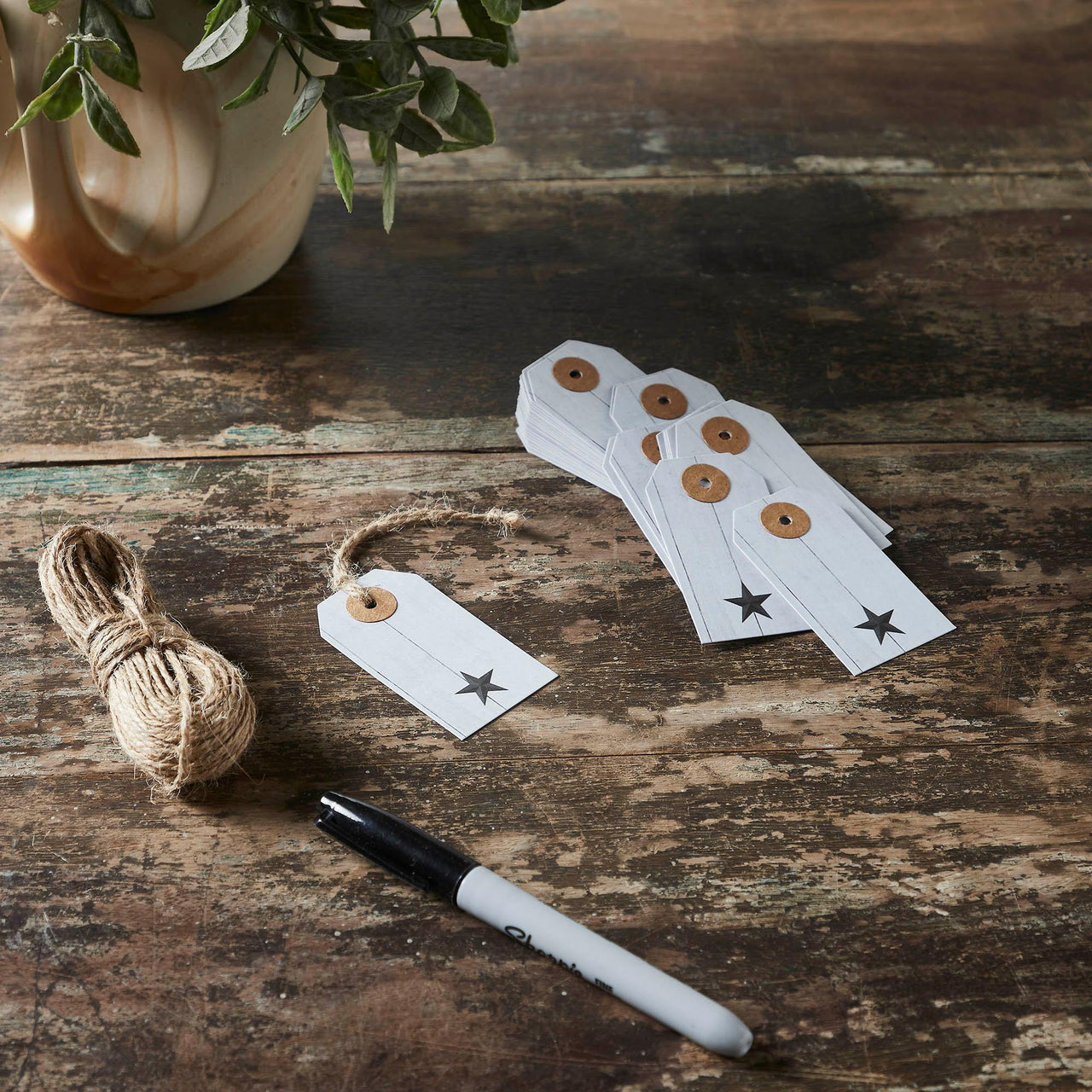 Faceted Barn Star Barnwood Paper Tag Charcoal 2.75x1.5 w/ Twine Set of 50 - The Fox Decor