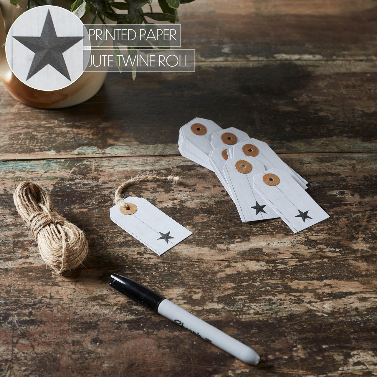 Faceted Barn Star Barnwood Paper Tag Charcoal 2.75x1.5 w/ Twine Set of 50 - The Fox Decor