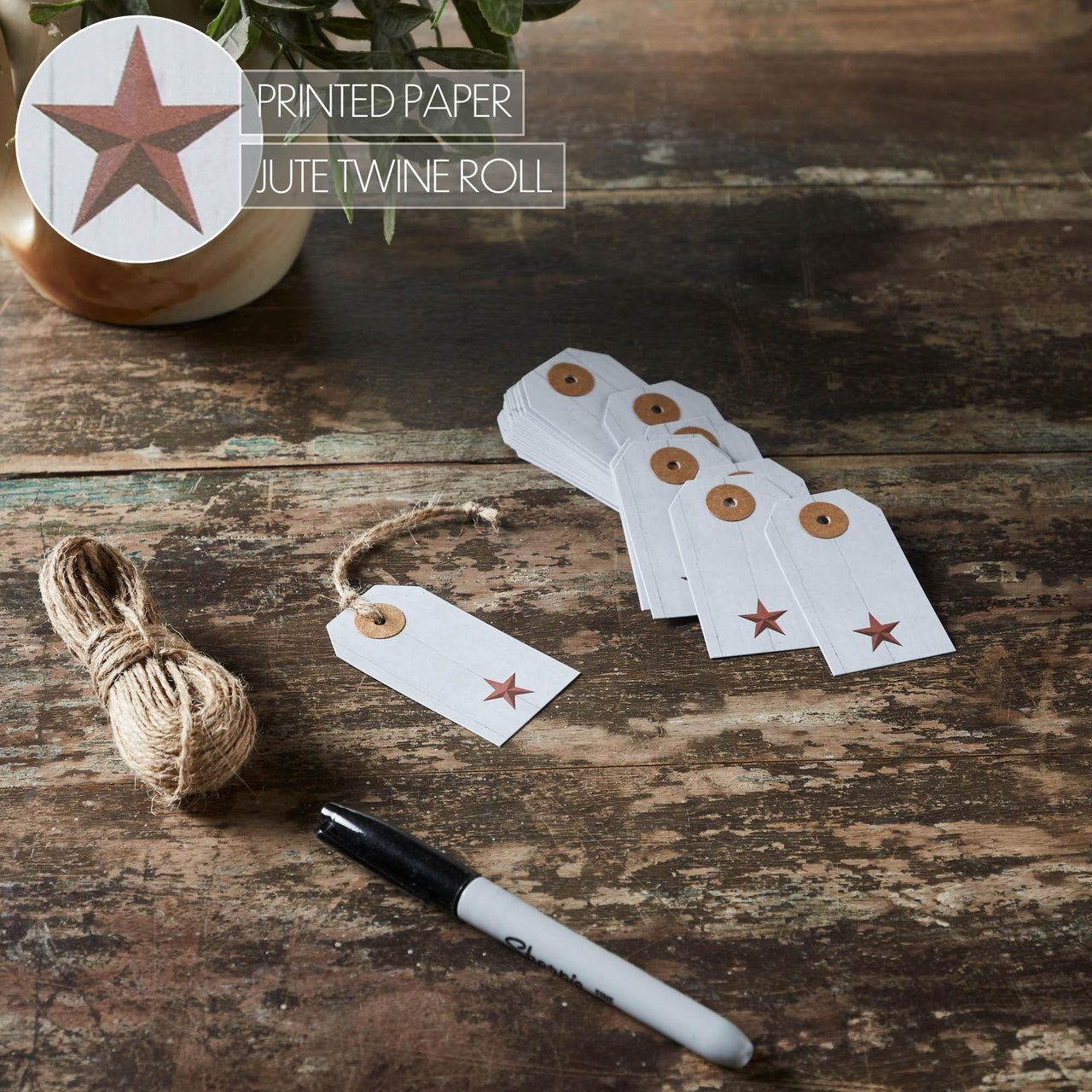 Faceted Barn Star Barnwood Paper Tag Barn Red 2.75x1.5 w/ Twine Set of 50 - The Fox Decor