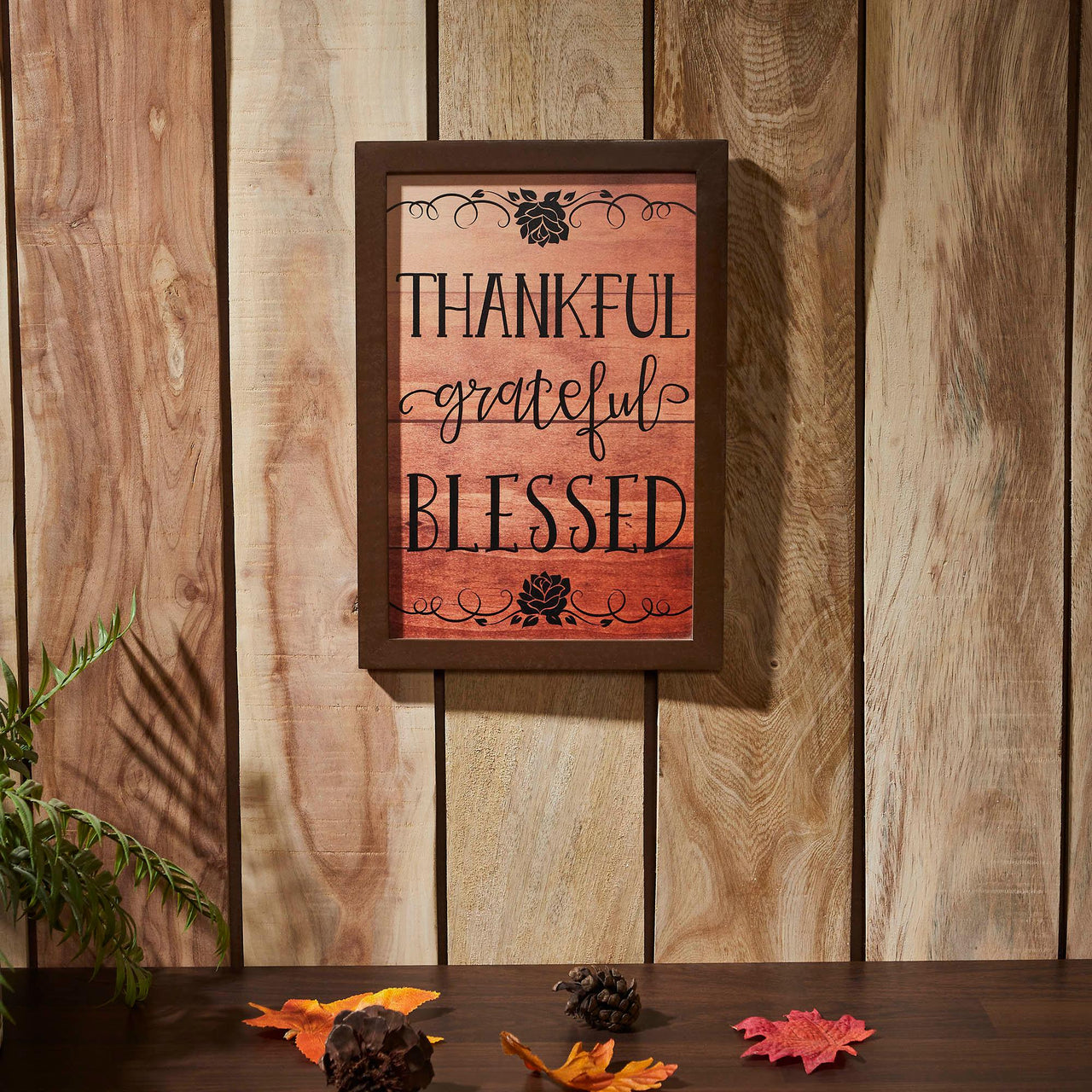 Shiplap Natural Thankful Grateful Blessed Wall Sign 13x9 - The Fox Decor
