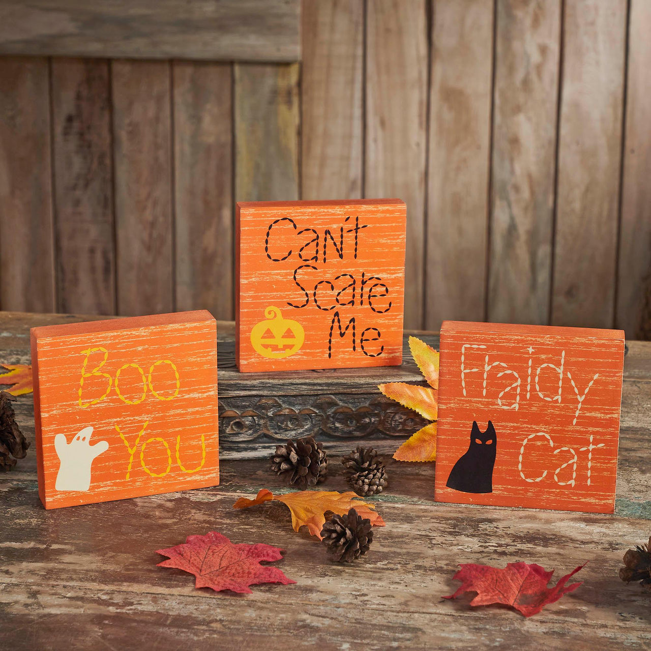 Boo You Can't Scare Me Fraidy Cat MDF Blocks Set of 3 5x5x1 - The Fox Decor