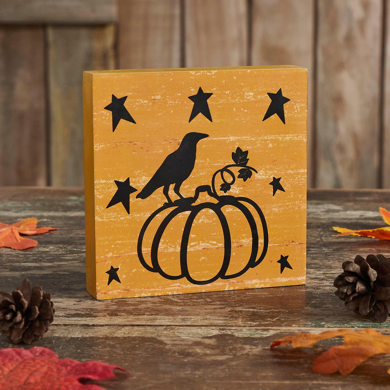 Prim Stars Pumpkin Raven Mustard Base MDF Sign 5x5 - The Fox Decor