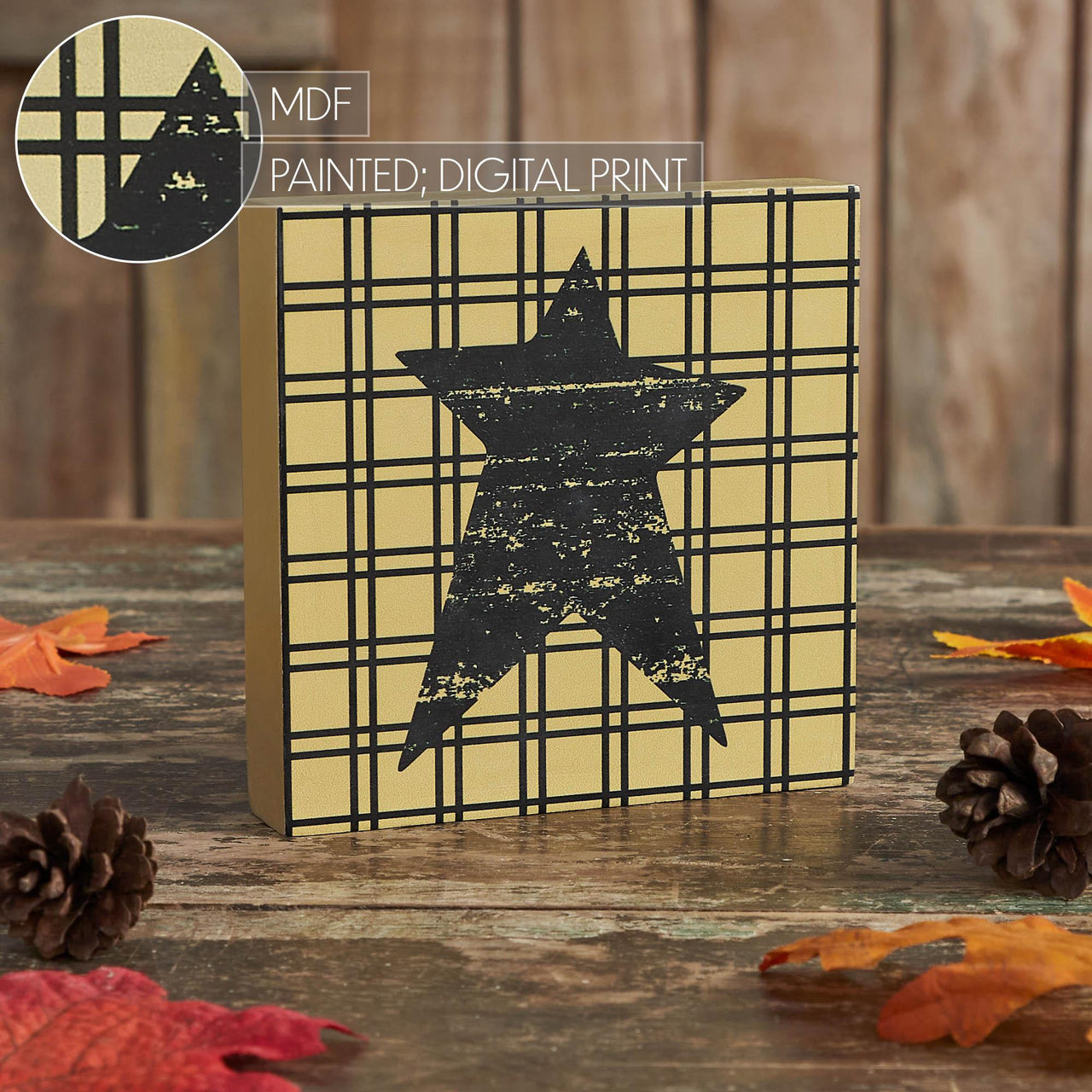 Prim Black Star on Tan Base MDF Sign 5x5 - The Fox Decor