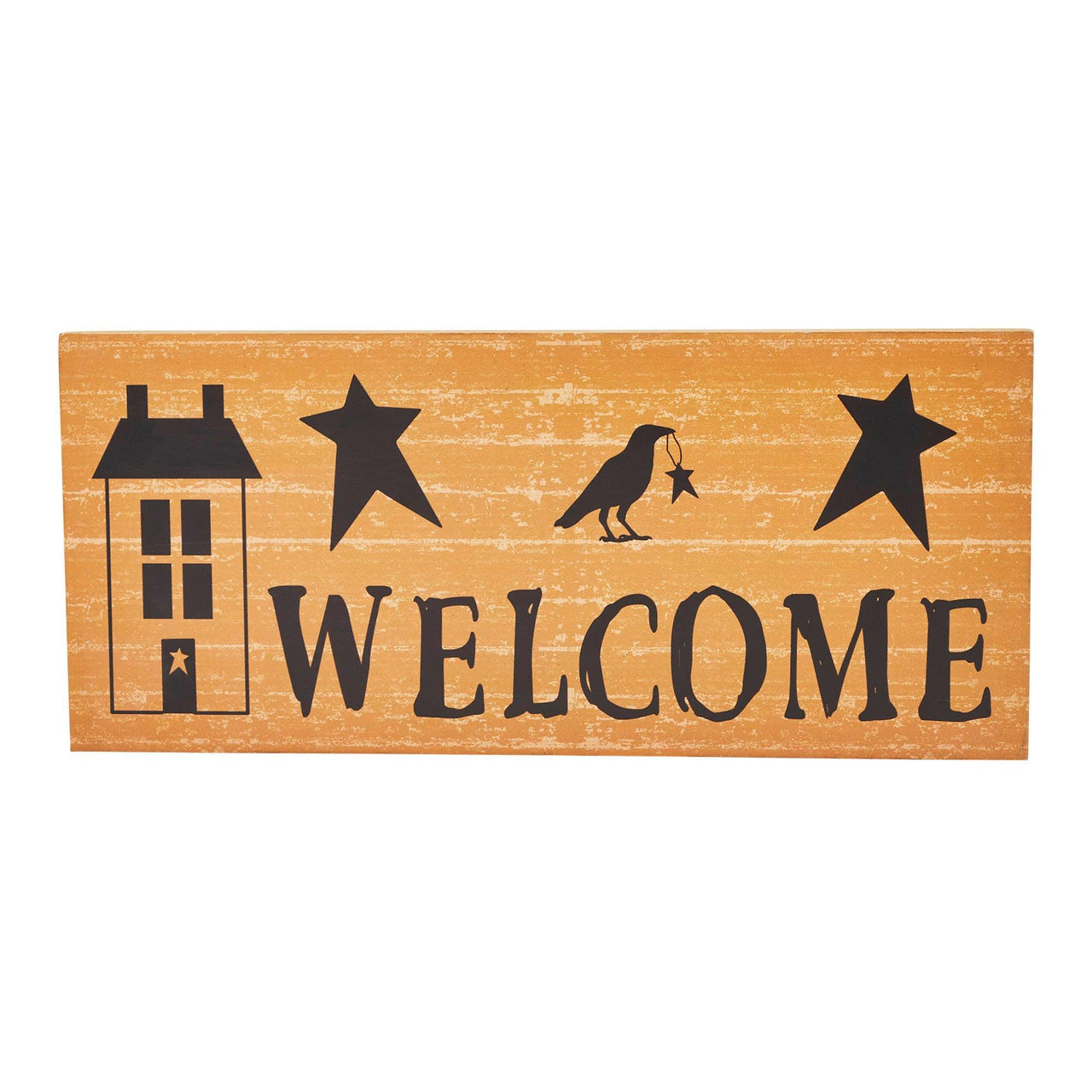 Prim Stars w/ Raven Saltbox House Mustard Base Welcome MDF Sign 7x16 - The Fox Decor