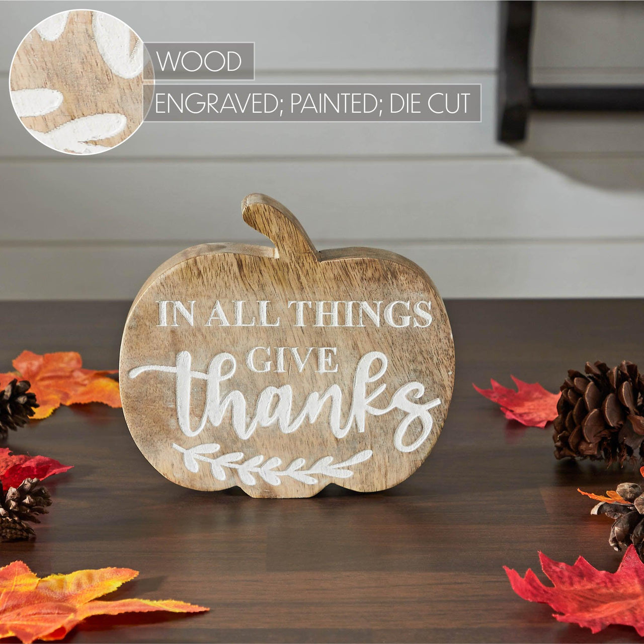 In All Things Give Thanks Pumpkin Shaped Wood Decor 6.75x6.5x1.25 - The Fox Decor
