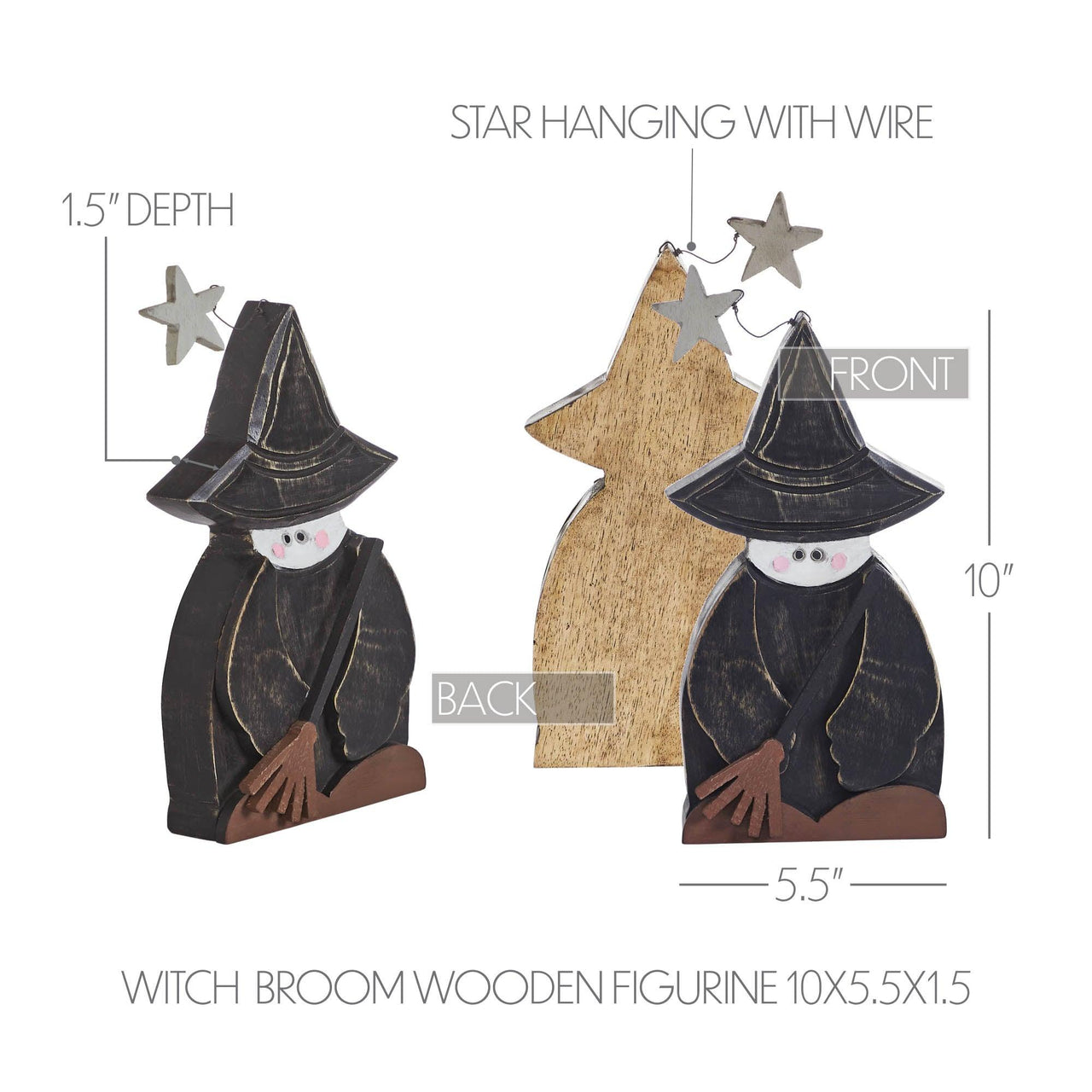 Witch w/ Broom Wooden Figurine 10x5.5x1.5 - The Fox Decor