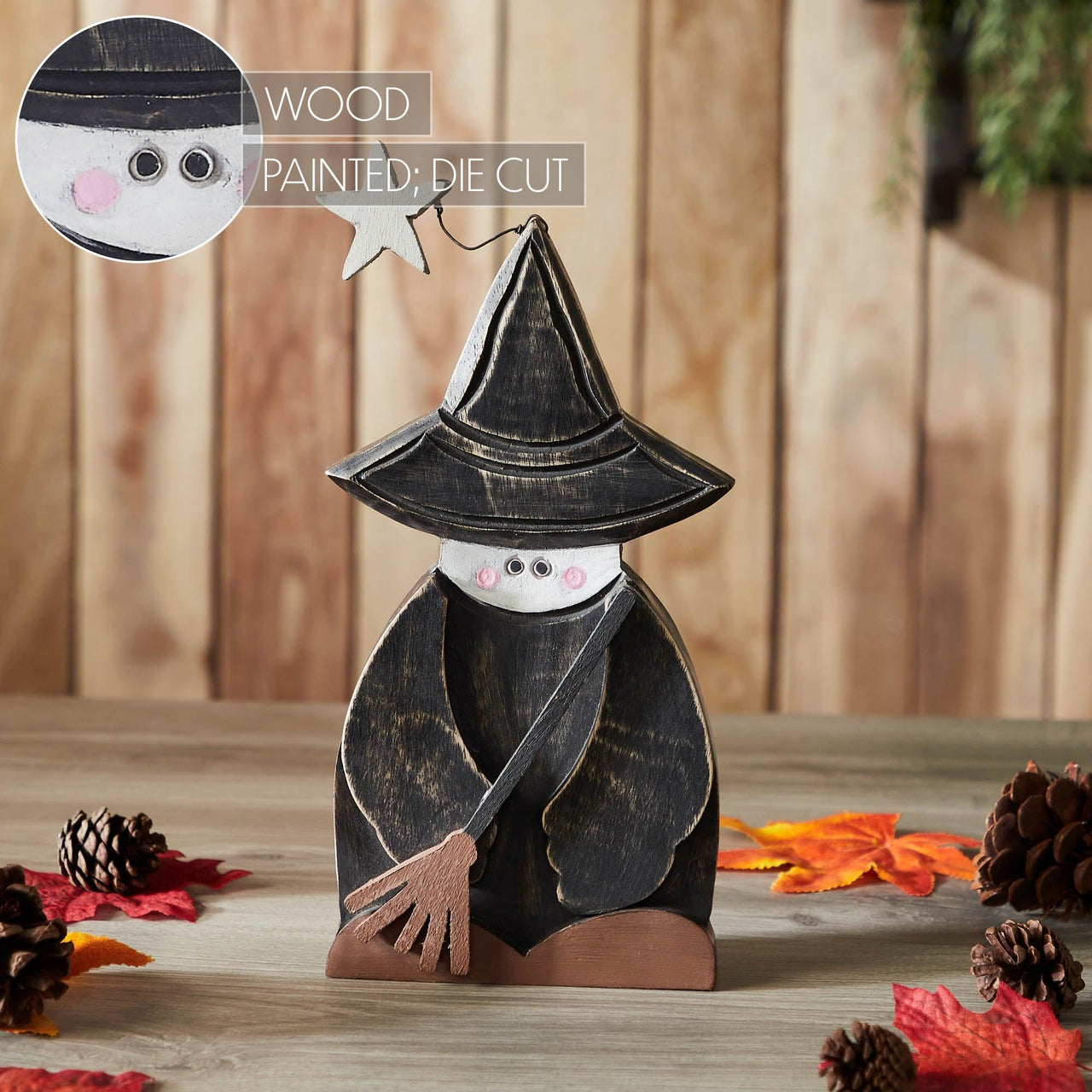 Witch w/ Broom Wooden Figurine 10x5.5x1.5 - The Fox Decor