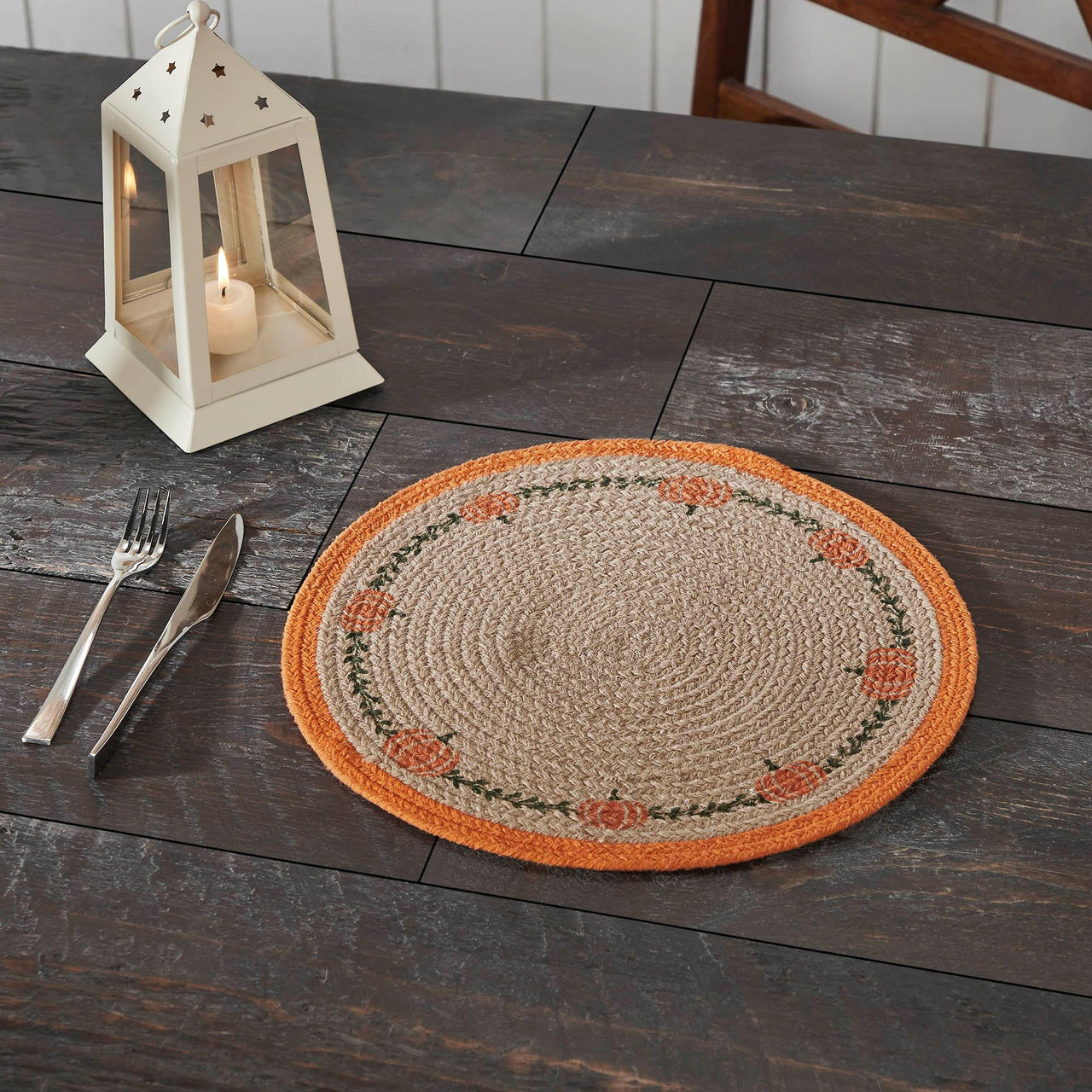 Harvest Blessings Natural Stencil Pumpkin Placemat 14 inch Diameter - The Fox Decor