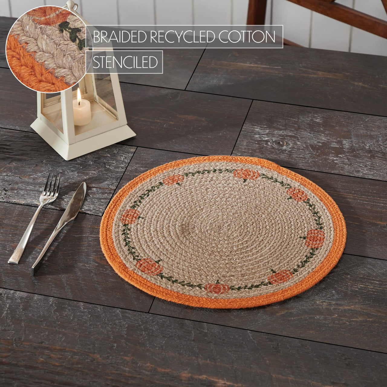 Harvest Blessings Natural Stencil Pumpkin Placemat 14 inch Diameter - The Fox Decor