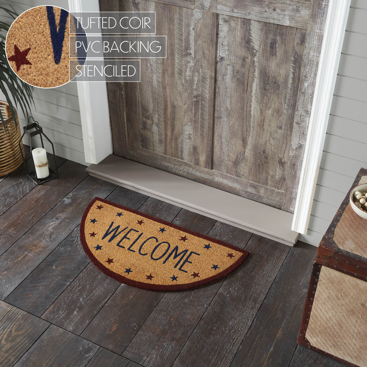 Patriotic Stars Welcome Coir Rug Half Circle 16.5x33 VHC Brands