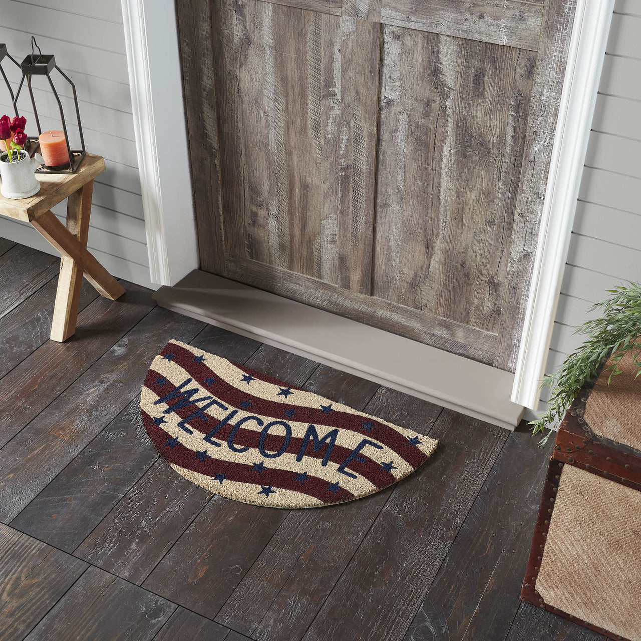 RWB Flag Stripes Coir Welcome Rug Half Circle 16.5x33 VHC Brands