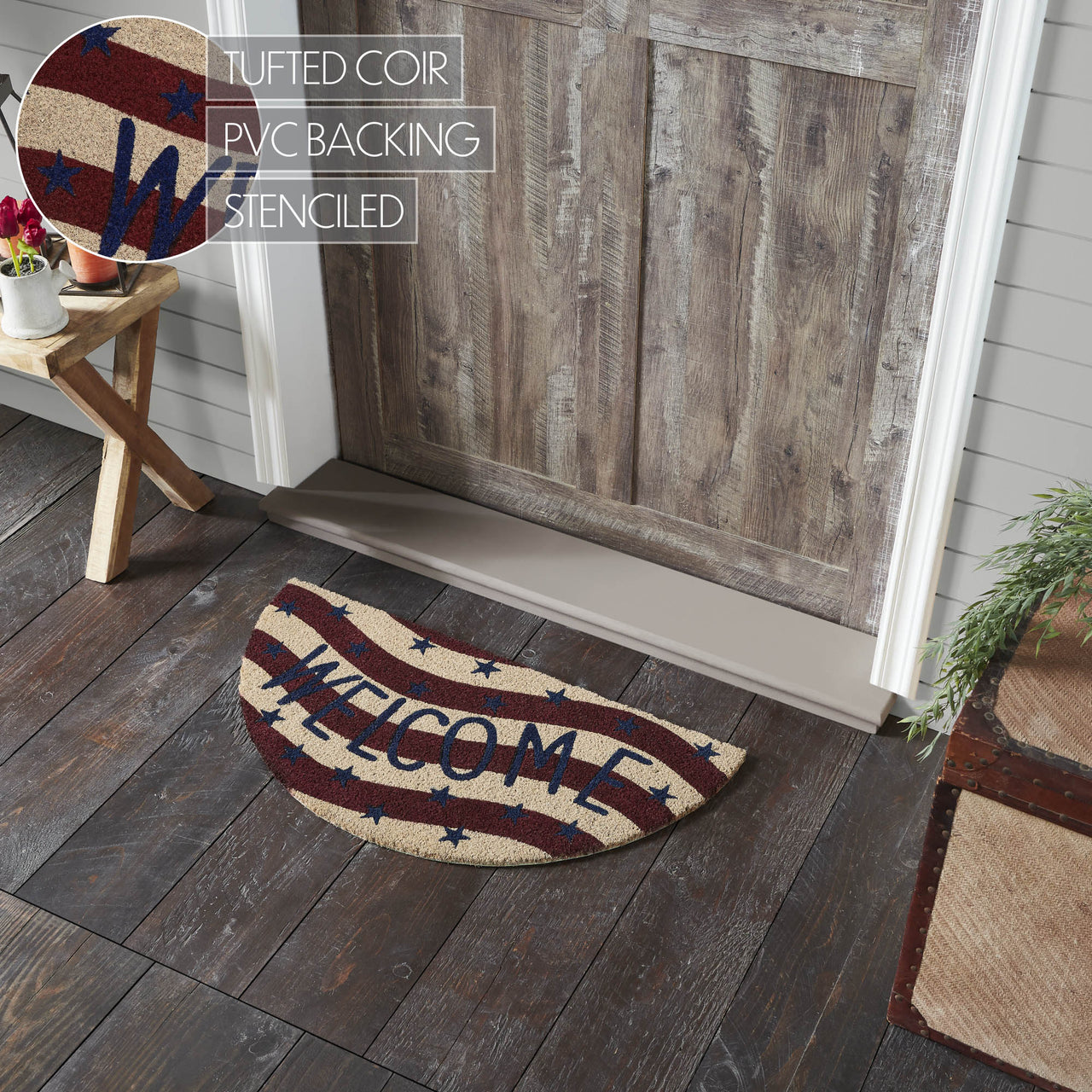 RWB Flag Stripes Coir Welcome Rug Half Circle 16.5x33 VHC Brands