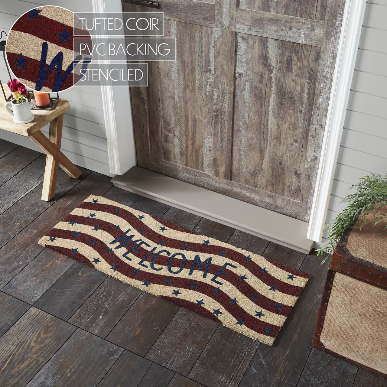 RWB Flag Stripes Coir Welcome Rug Rect 17x48 VHC Brands