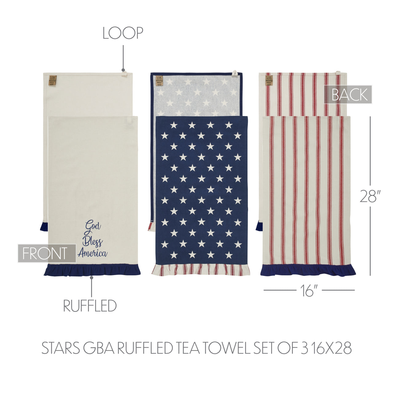 Hatteras Stars GBA Ruffled Tea Towel Set of 3 16x28 - VHC Brands