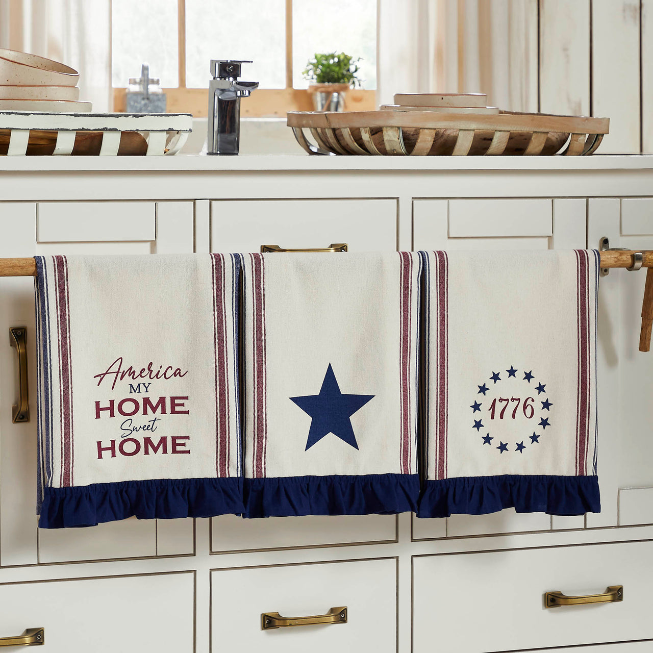 Celebration America My Sweet Home Ruffled Tea Towel Set of 3 16x28 - VHC Brands