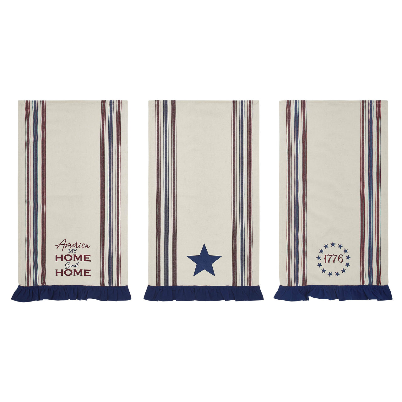 Celebration America My Sweet Home Ruffled Tea Towel Set of 3 16x28 - VHC Brands