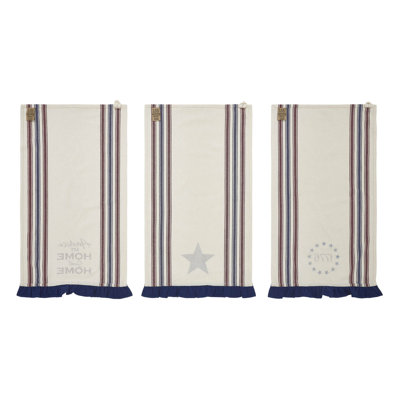 Celebration America My Sweet Home Ruffled Tea Towel Set of 3 16x28 - VHC Brands