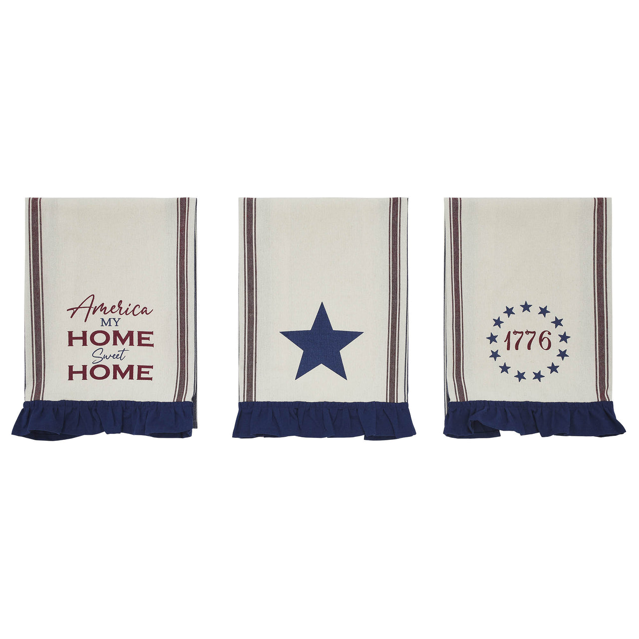 Celebration America My Sweet Home Ruffled Tea Towel Set of 3 16x28 - VHC Brands