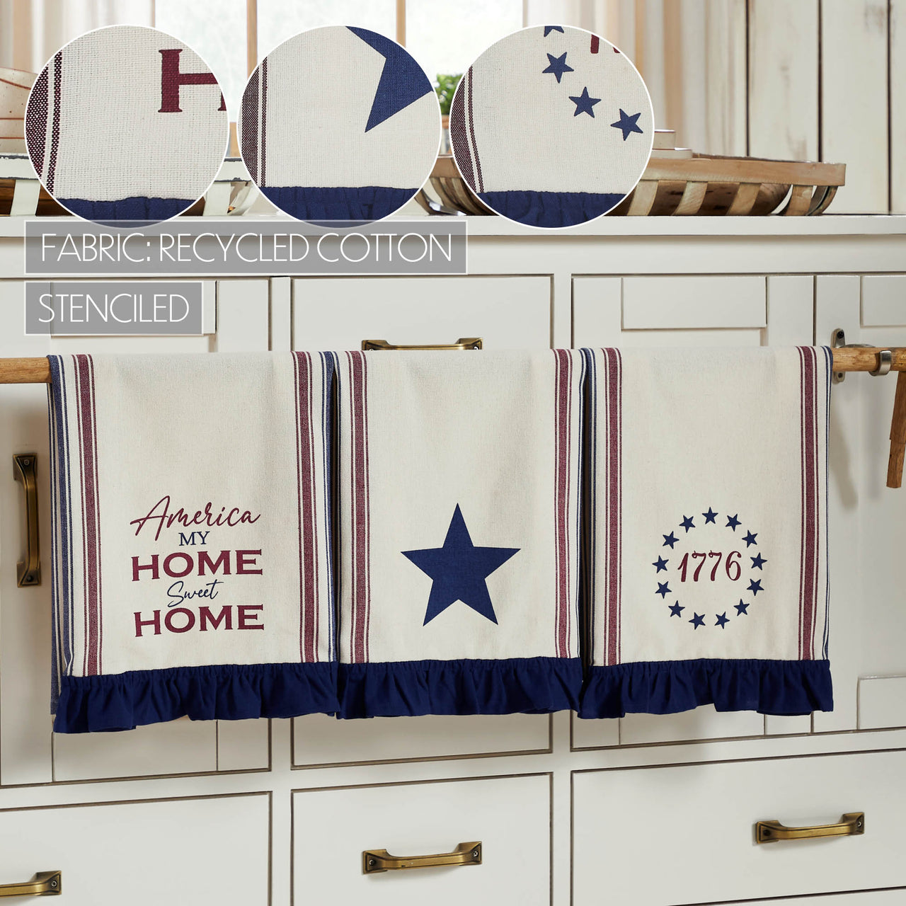 Celebration America My Sweet Home Ruffled Tea Towel Set of 3 16x28 - VHC Brands