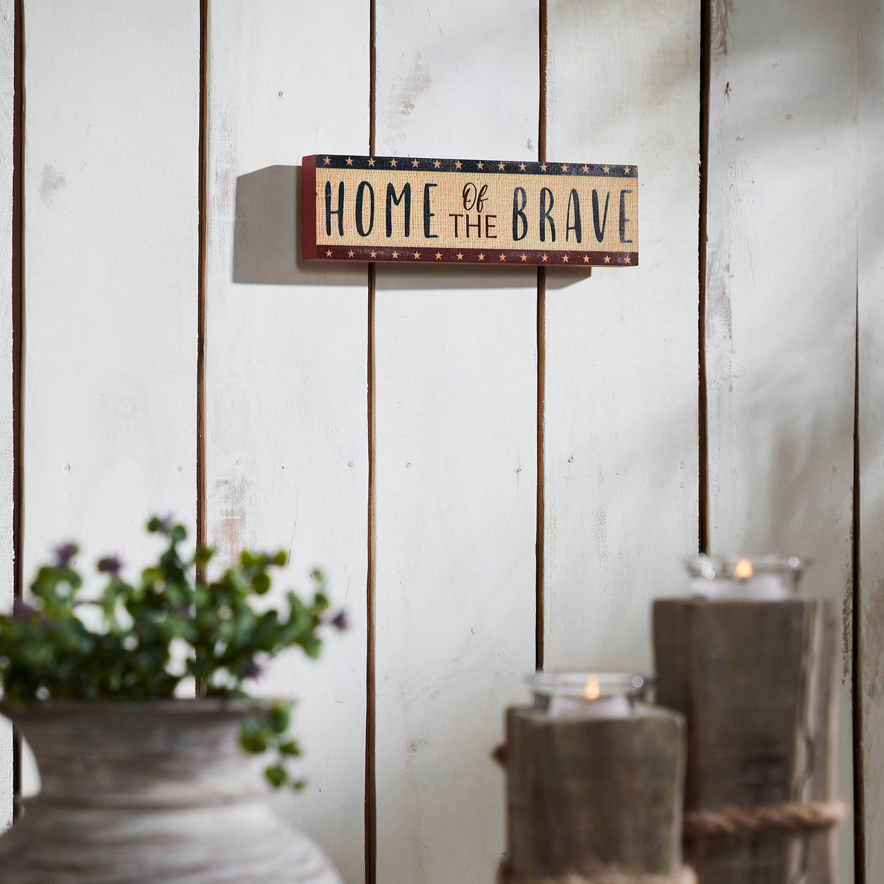 Home Of The Brave w/ Red Blue Star Stripes MDF Block Sign 3x10x1 VHC Brands