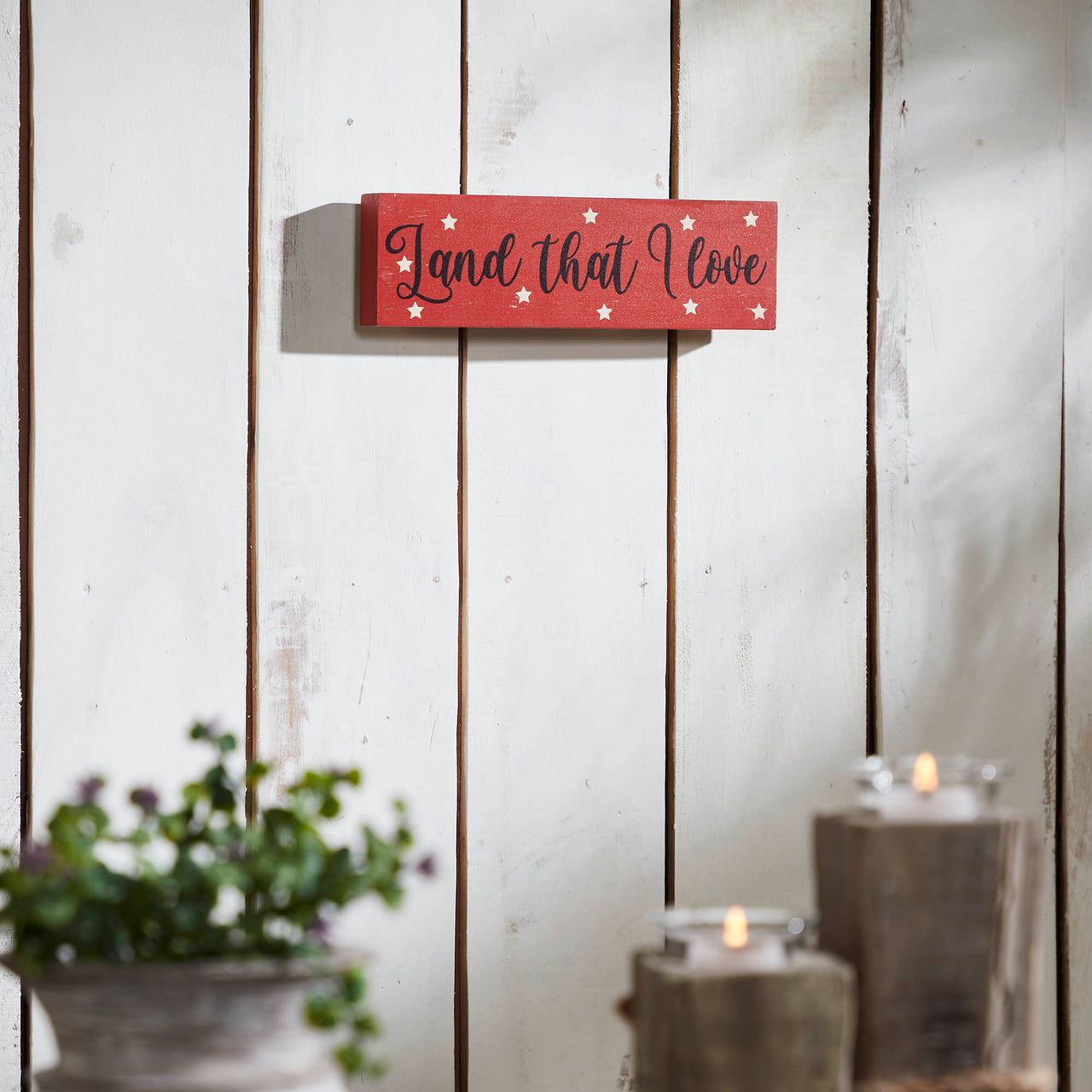 Land That I Love w/ White Stars MDF Block Sign 3x10x1 VHC Brands