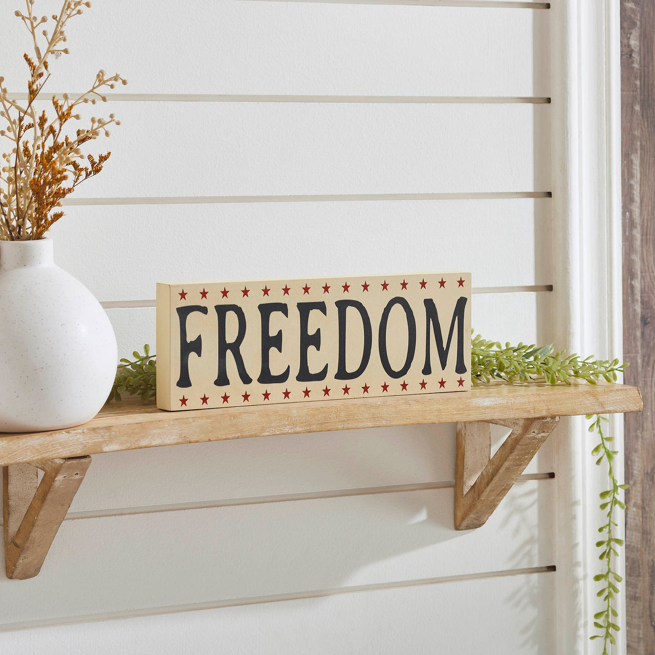 FREEDOM w/ Red Stars On Creme MDF Block Sign 4x11x1 VHC Brands