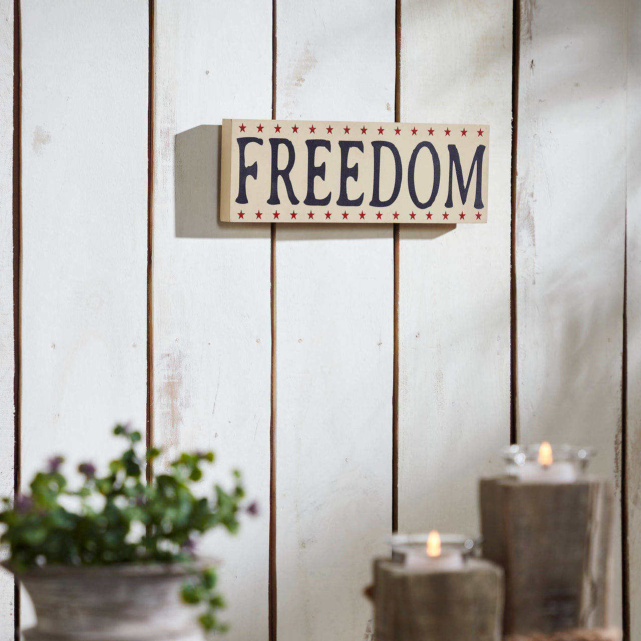FREEDOM w/ Red Stars On Creme MDF Block Sign 4x11x1 VHC Brands