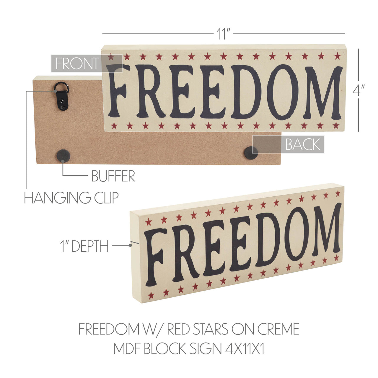 FREEDOM w/ Red Stars On Creme MDF Block Sign 4x11x1 VHC Brands