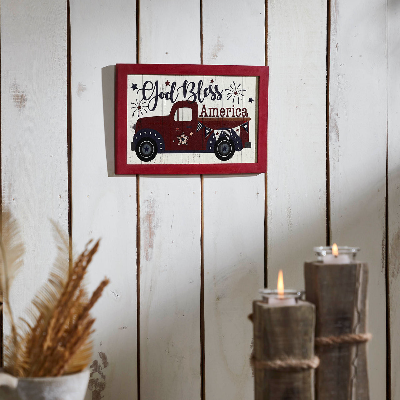 Shiplap God Bless America Red Truck Bunting & Fireworks MDF Wall Sign 8x12 VHC Brands