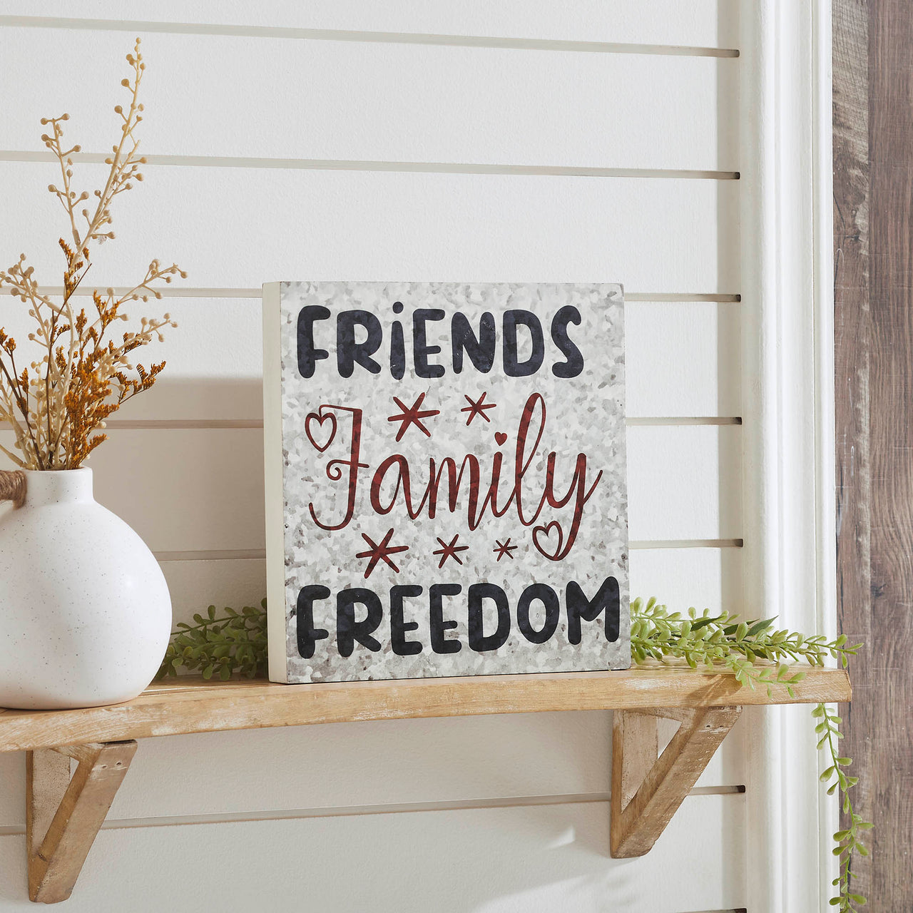 Friends Family Freedom On Galvanized Metal Print MDF Block Sign 10x10x1 VHC Brands