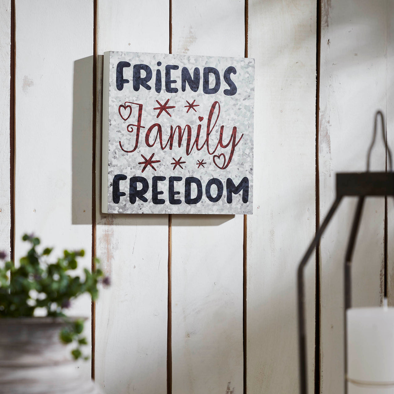 Friends Family Freedom On Galvanized Metal Print MDF Block Sign 10x10x1 VHC Brands