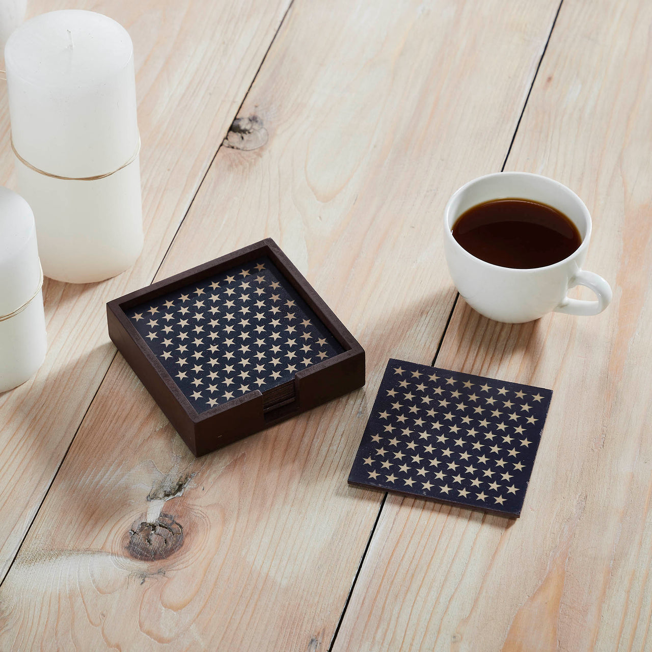 White Stars On Navy MDF Coaster w/ Container Set of 6 4x4 VHC Brands