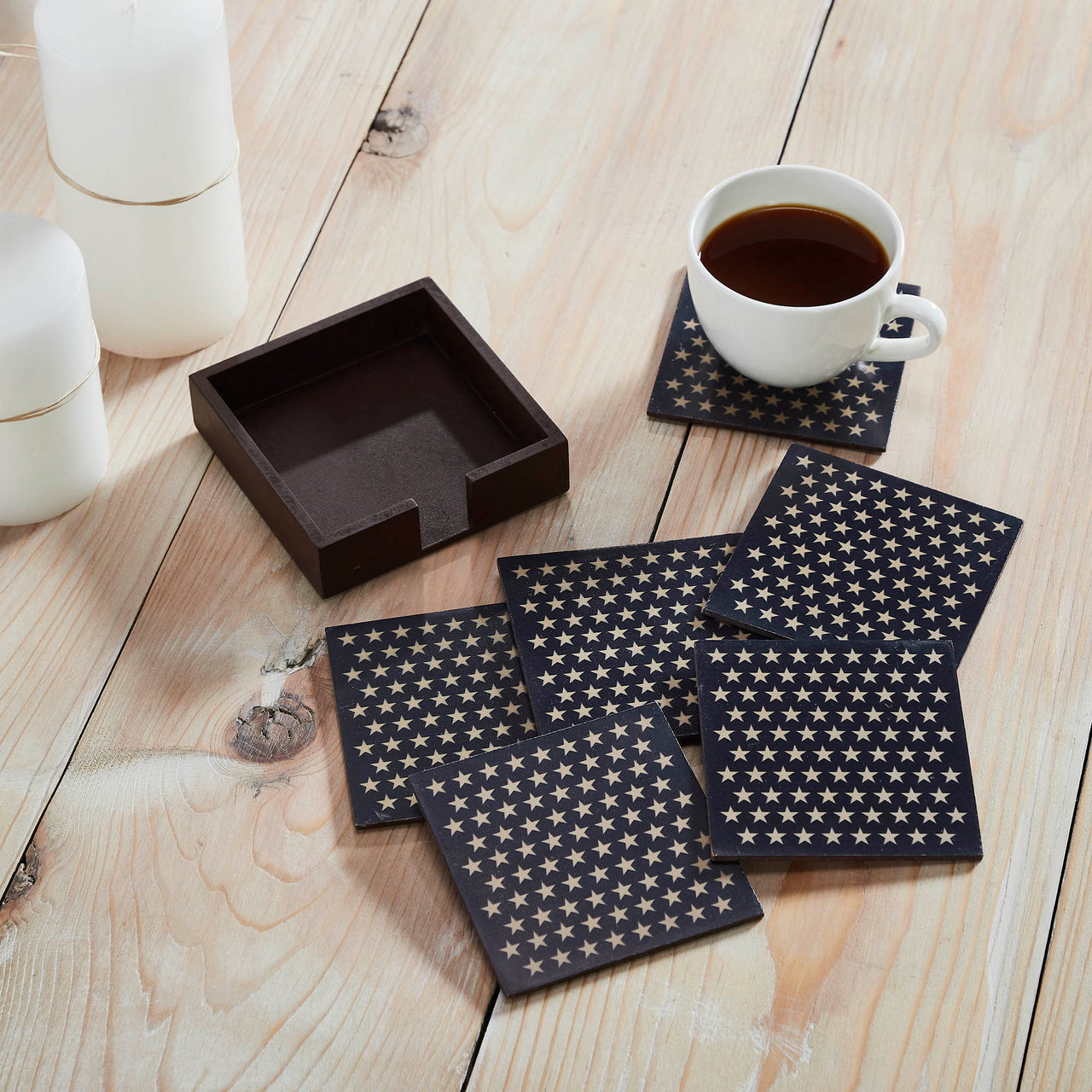 White Stars On Navy MDF Coaster w/ Container Set of 6 4x4 VHC Brands