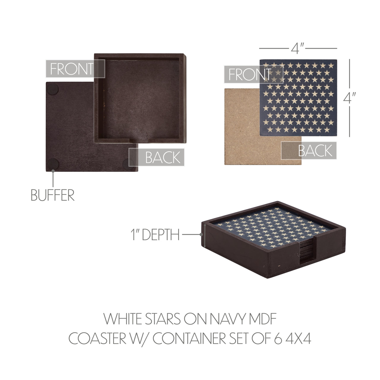 White Stars On Navy MDF Coaster w/ Container Set of 6 4x4 VHC Brands