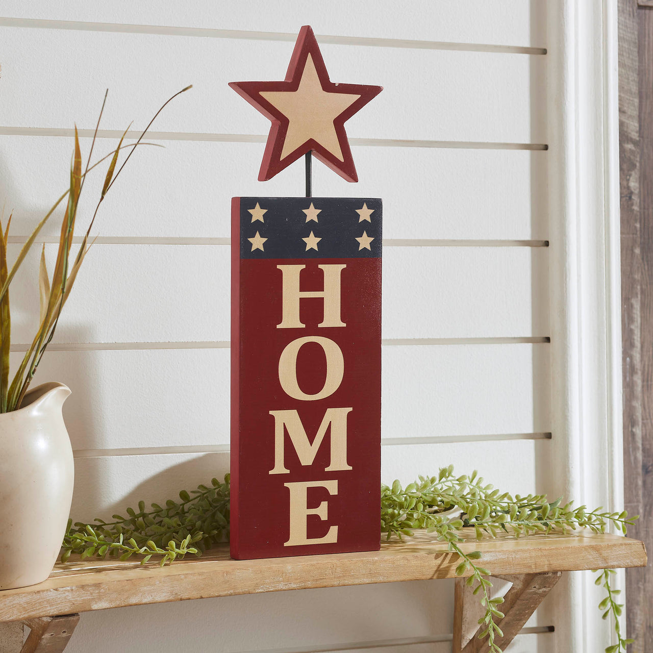 HOME w/ Star In Red Outline MDF Wall Hanging 16x5 VHC Brands