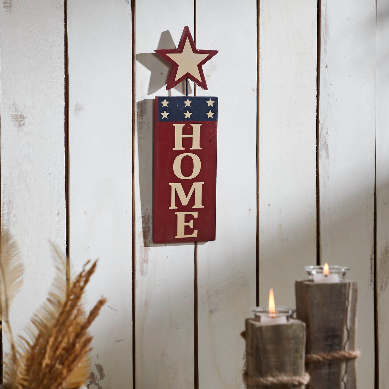 HOME w/ Star In Red Outline MDF Wall Hanging 16x5 VHC Brands