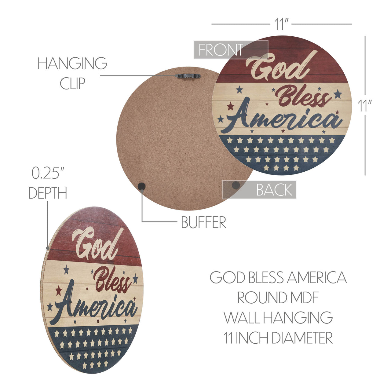 God Bless America Round MDF Wall Hanging 11 Inch Diameter - VHC Brands