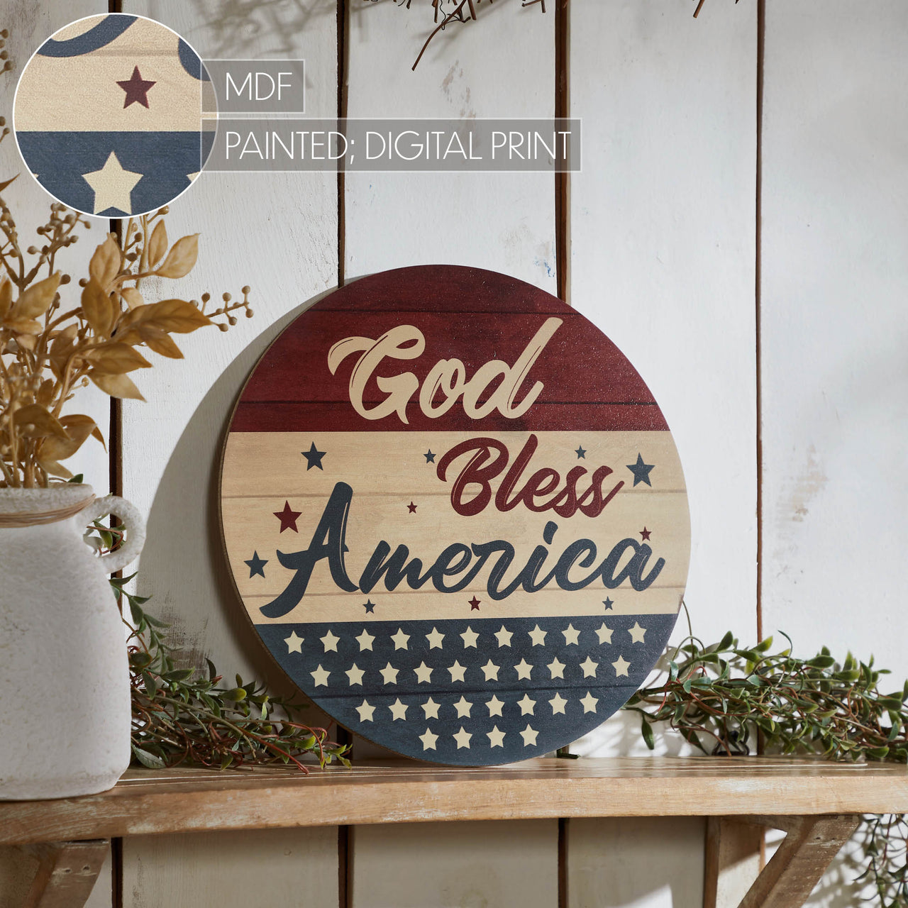 God Bless America Round MDF Wall Hanging 11 Inch Diameter - VHC Brands