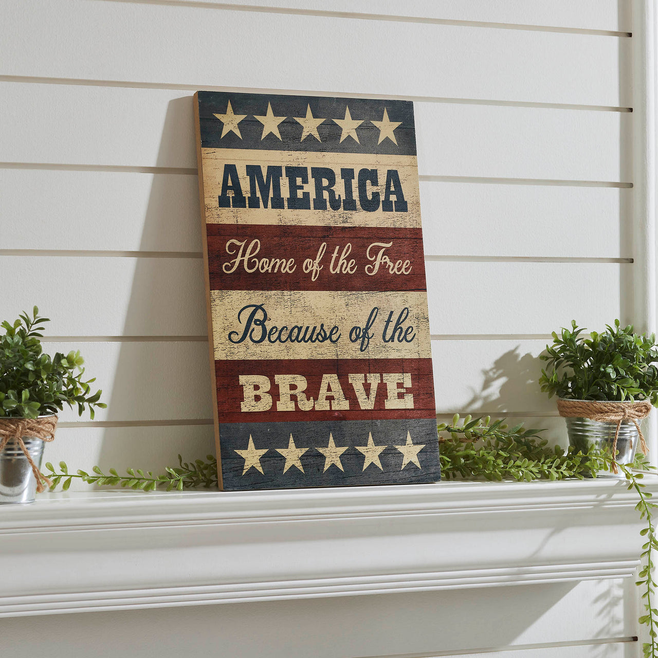 AMERICA Home Of The Free Because Of The Brave w/ Stars & Stripes MDF Wall Sign 16x10 VHC Brands