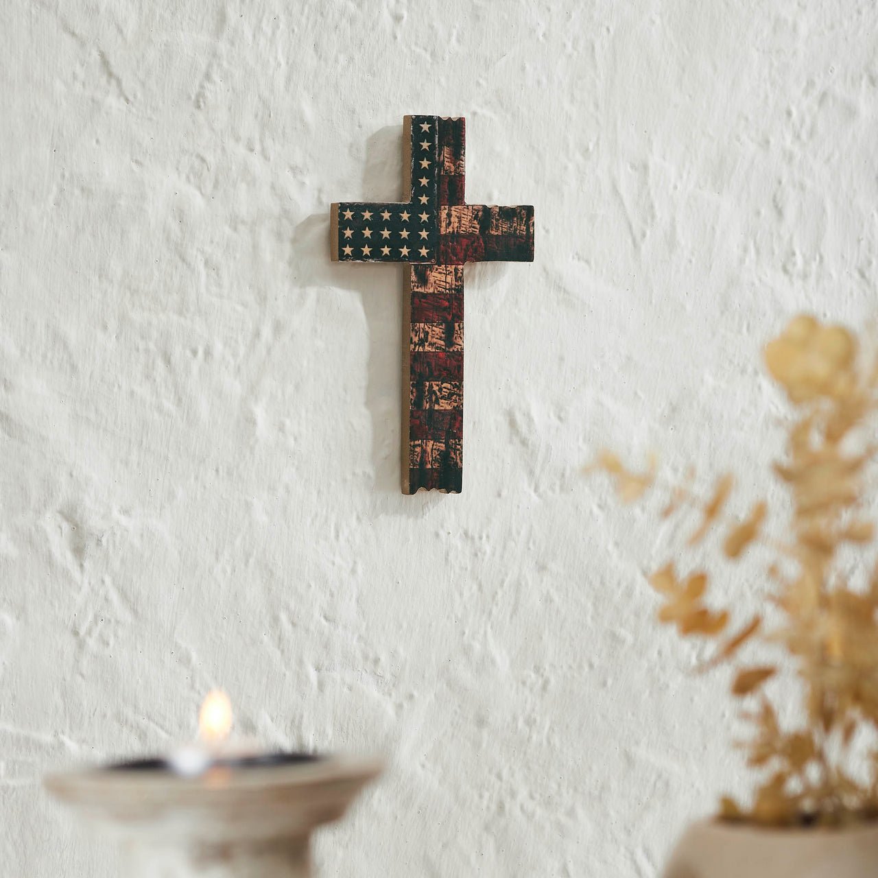 American Flag On Distressed Cross MDF Wall Sign 10x6 VHC Brands